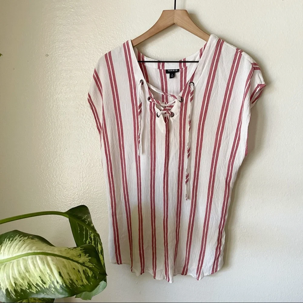Torrid | Striped Gauze Lace Up Dolman Blouse - Picture 1 of 6